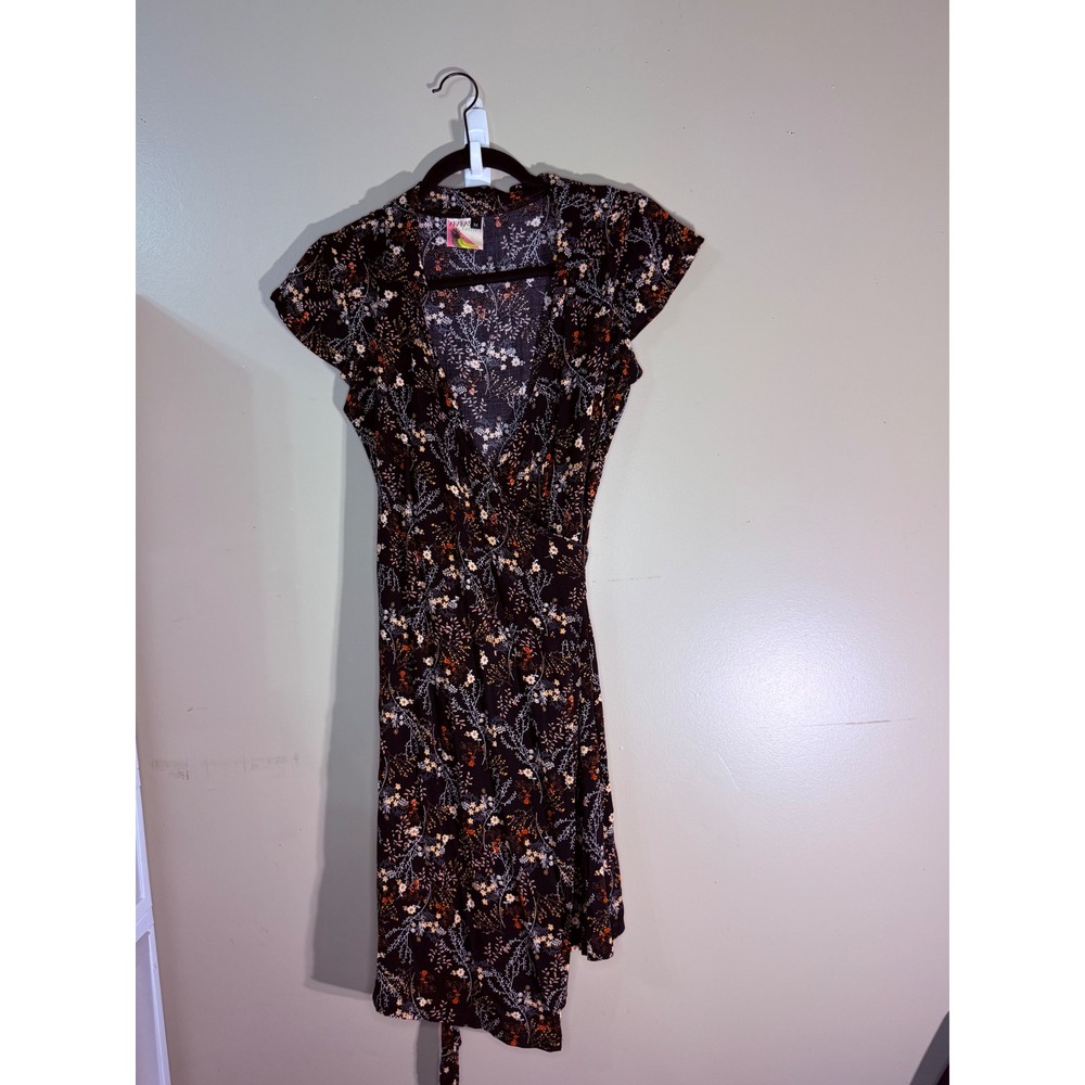 Ananas Bananas Floral Wrap Dress Black Short Sleeve V Neck Cotton Blend Medium